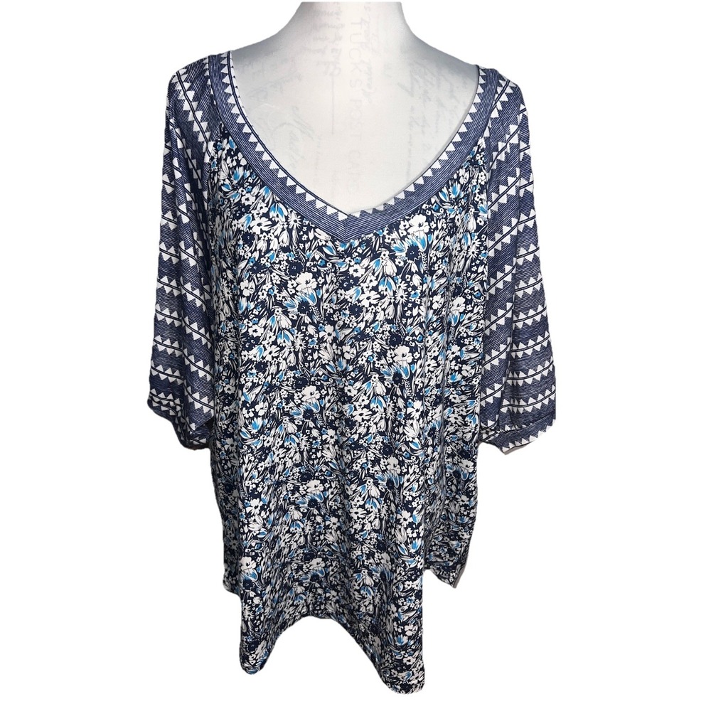 Weekend By Suzanne Betro Floral Geometric Stretchy Knit Dolman Half Sleeve 2X